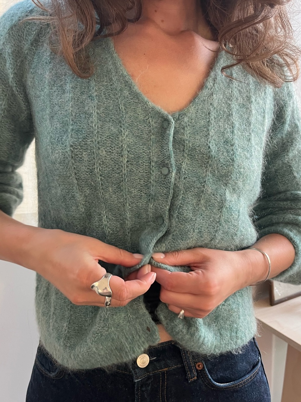 Sezane V-Neck Mohair Blend Button-Front Cardigan Sweater, Sage Green, Size XS